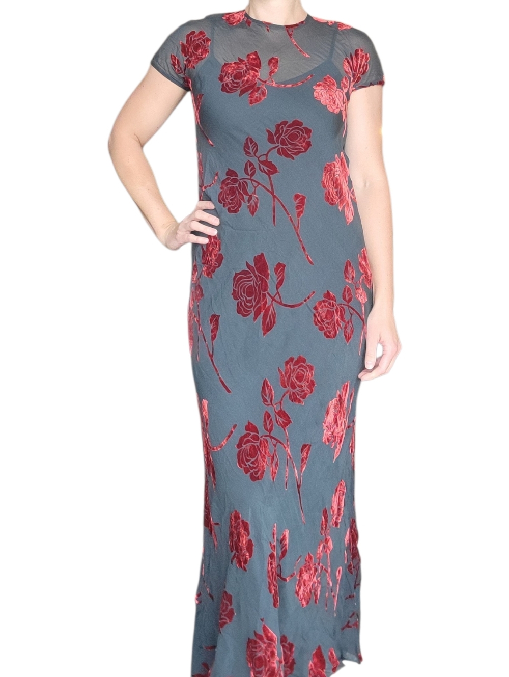 Vintage Silk Velvet Burnout Floral Formal Dress Maxi Gown 90s Y2K Size 6